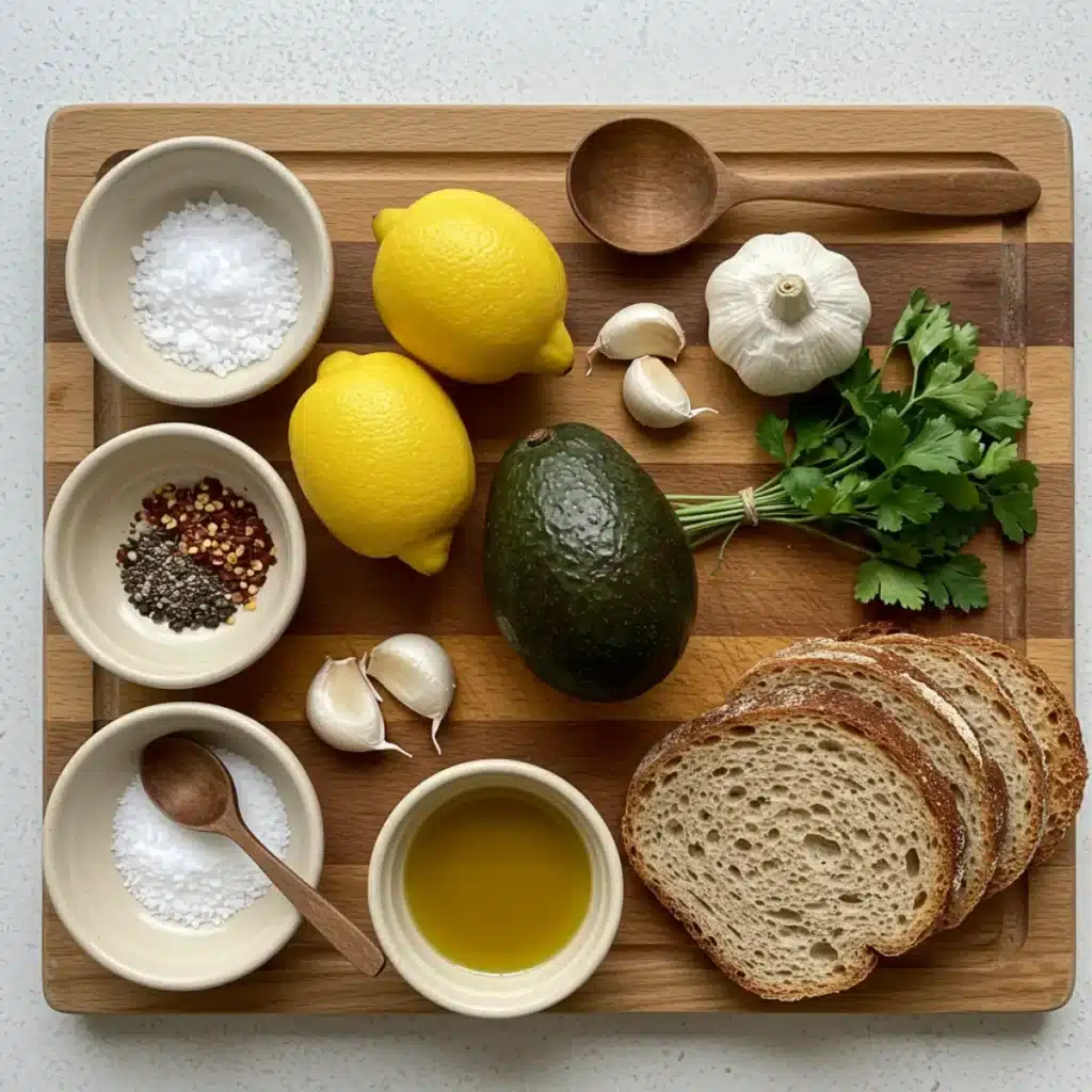 Ingredients for Gordon Ramsay avocado toast on a wooden board