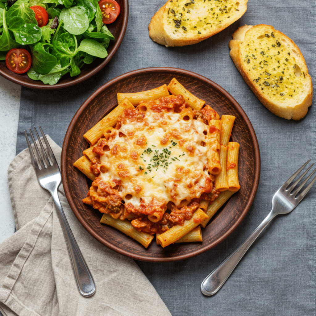 Plated Gordon Ramsay baked ziti with salad and garlic bread