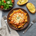 Plated Gordon Ramsay baked ziti with salad and garlic bread