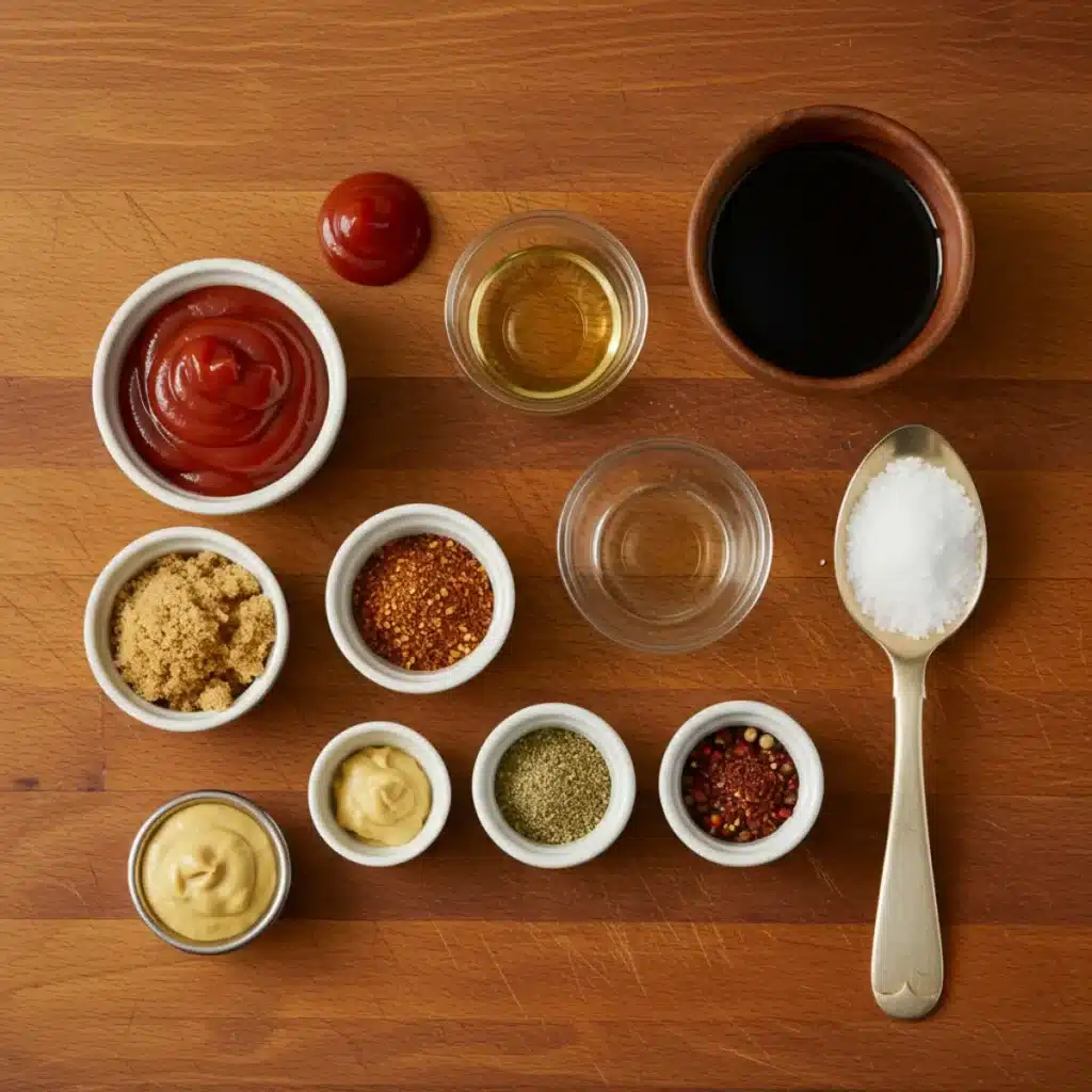 Flat lay of Gordon Ramsay barbecue sauce ingredients on wooden board