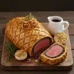 Gordon Ramsay Beef Wellington recipe with golden puff pastry and gourmet sides