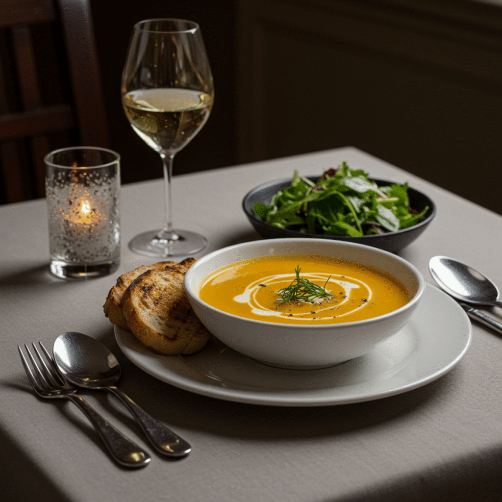 Served Gordon Ramsay Butternut Squash Soup with sides