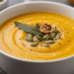 Gordon Ramsay Butternut Squash Soup served in a white bowl with sage and pepitas