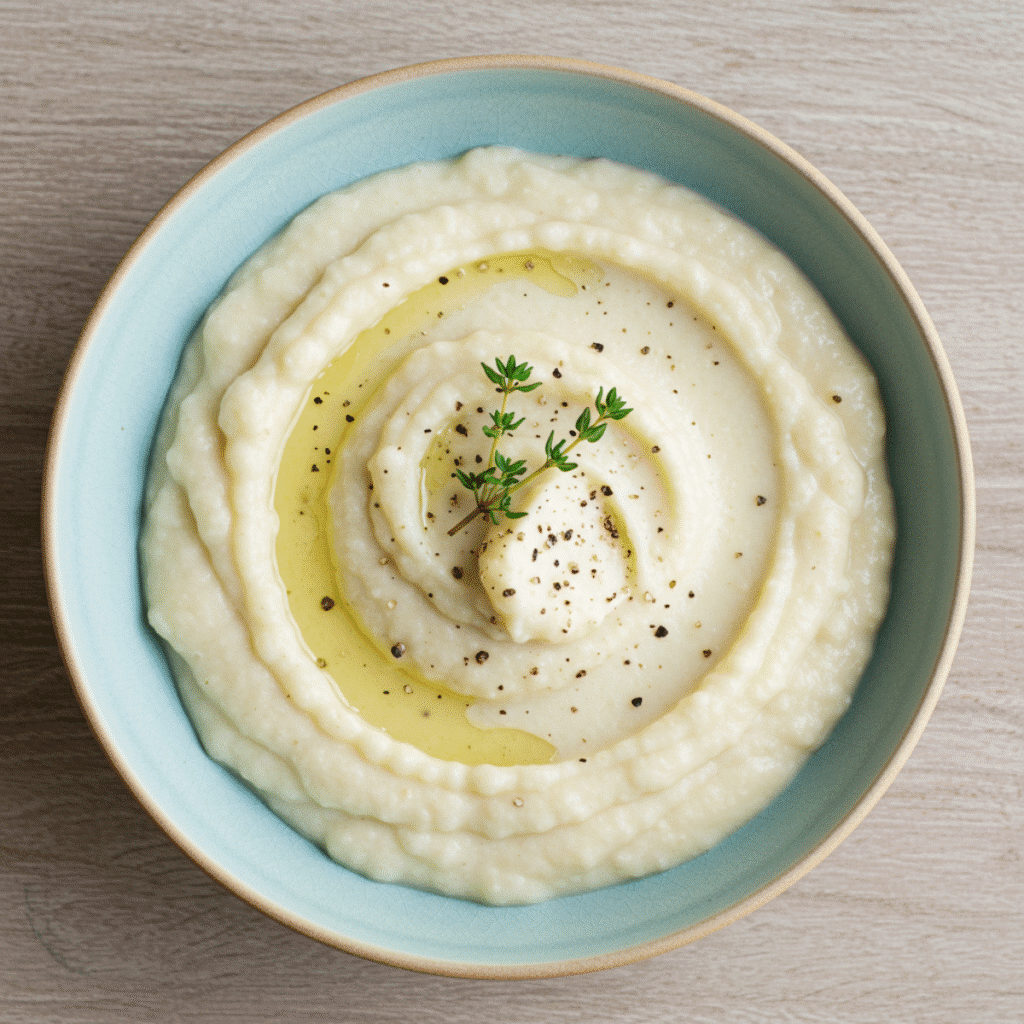 Served Gordon Ramsay cauliflower puree with olive oil and thyme