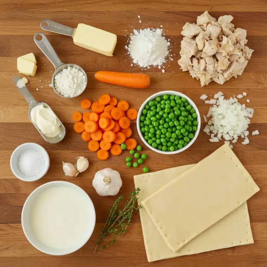 Chicken pot pie ingredients laid out on a table