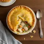 Gordon Ramsay chicken pot pie served in a ceramic bowl with puff pastry topping