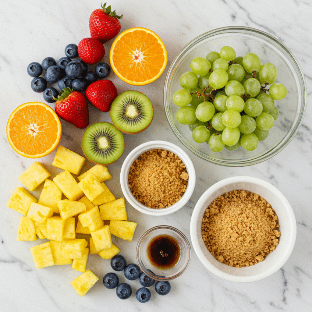 Ingredients for Gordon Ramsay Fruit Salad Recipe laid out on marble
