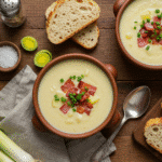 Creamy Gordon Ramsay Leek and Potato Soup with bread and bacon garnish