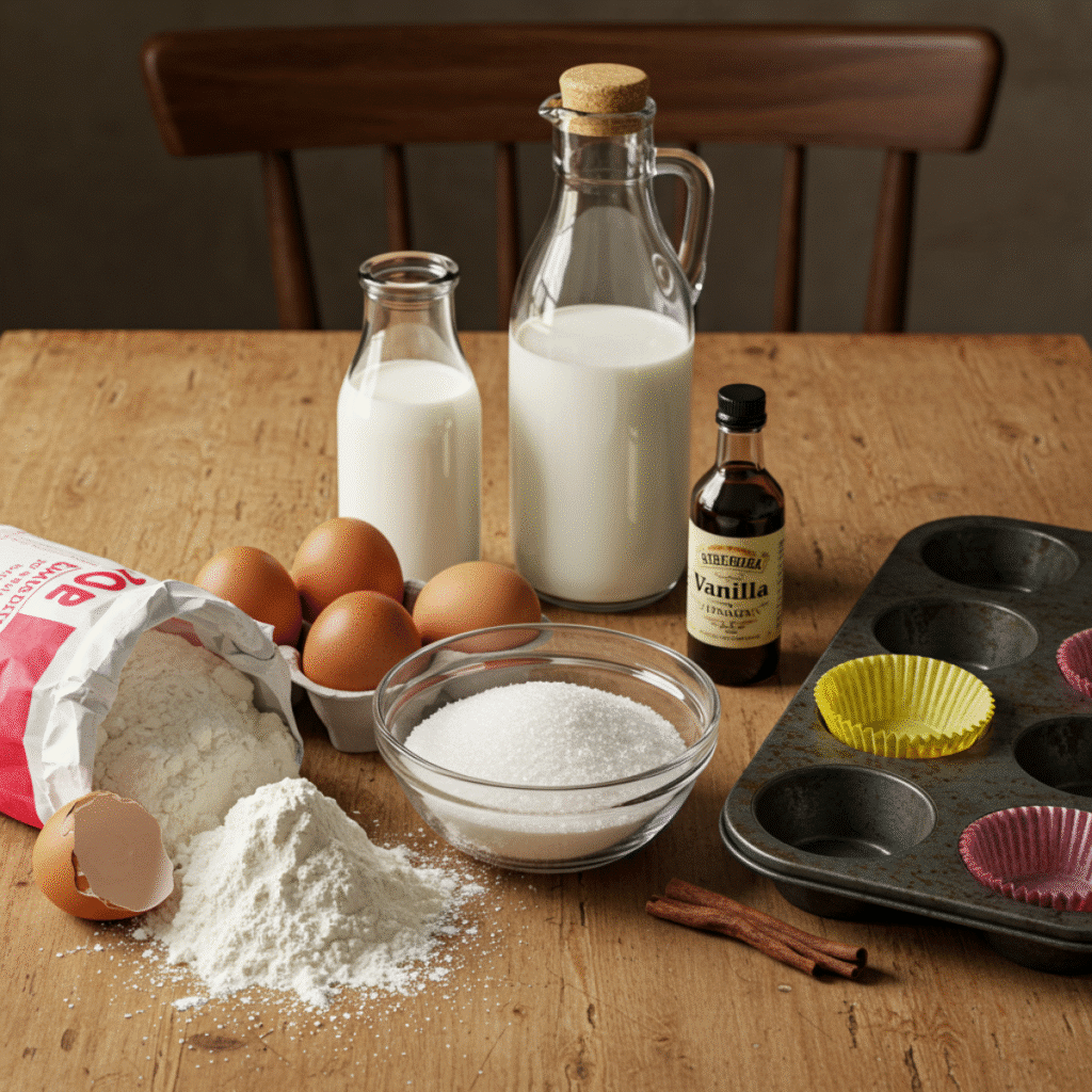 Ingredients for Gordon Ramsay Muffins Recipe on rustic table
