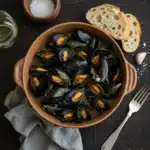 Gordon Ramsay mussels in garlic white wine broth with bread