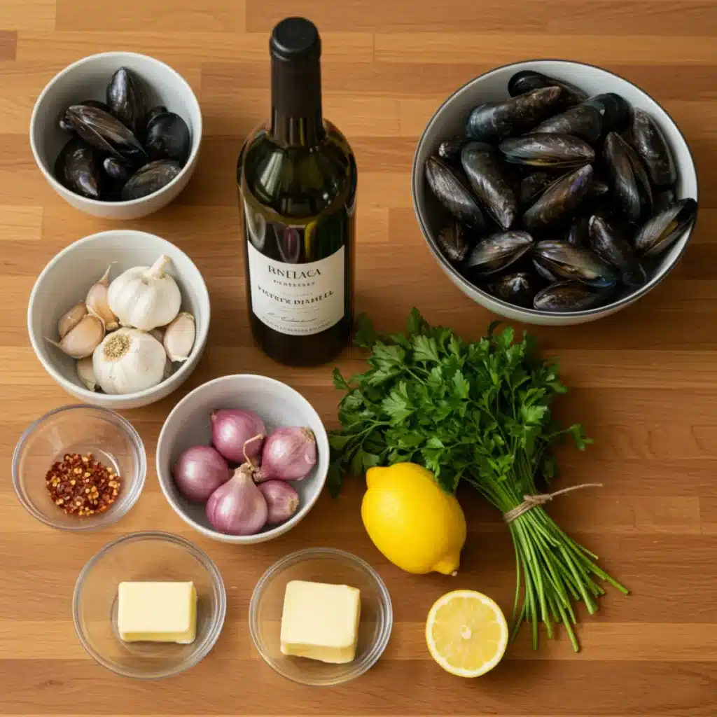 Gordon Ramsay mussels ingredients on kitchen counter