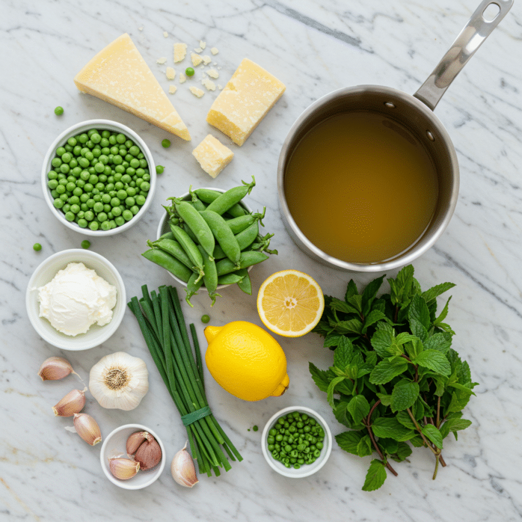 Ingredients for Gordon Ramsay Pea Risotto laid out
