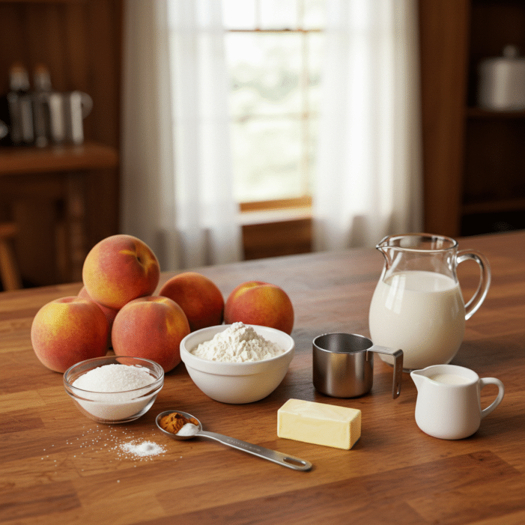 Ingredients for Gordon Ramsay Peach Cobbler on kitchen counter