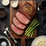 Gordon Ramsay Prime Rib Roast sliced and served with sides