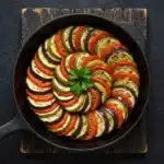 Gordon Ramsay Ratatouille in cast iron skillet with spiral vegetables