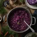 Braised Gordon Ramsay Red Cabbage in a pot with festive spices and rosemary