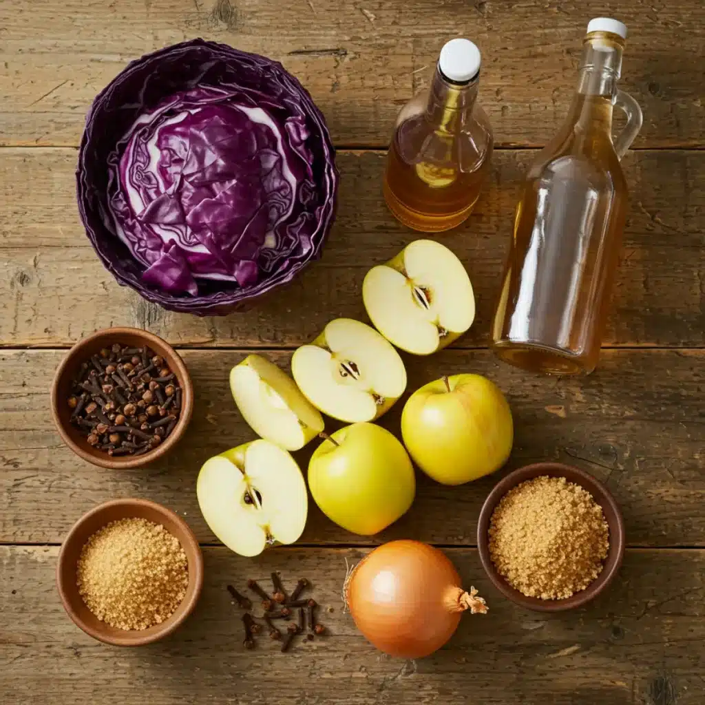 Ingredients for Gordon Ramsay Red Cabbage on a wooden table