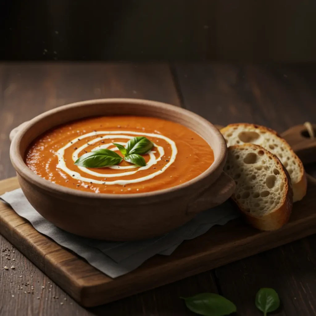Served bowl of Gordon Ramsay Roasted Tomato Soup with bread