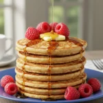 Gordon Ramsay Scotch Pancakes with butter, syrup, and raspberries