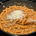 Gordon Ramsay Turkey Pasta in skillet with rotini, turkey, and Parmesan cheese