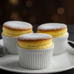 Gordon Ramsay Vanilla Soufflé freshly baked in ramekins with powdered sugar