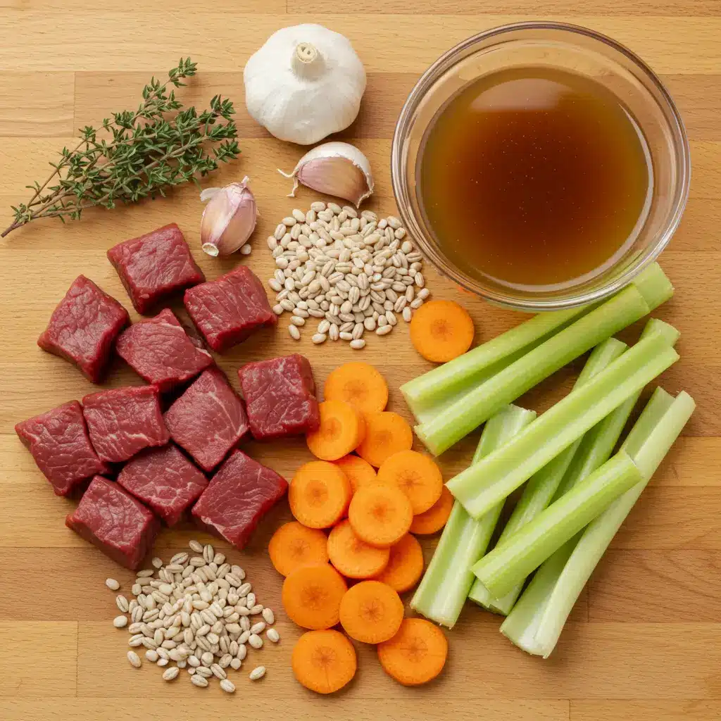 beef barley soup ingredients flat lay