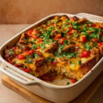 Cheesy Baked Chicken Fajita Casserole in dish