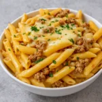 Cheesy Penne with Garlic Butter Ground Beef Skillet