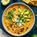 Creamy chicken enchilada soup bowl with toppings