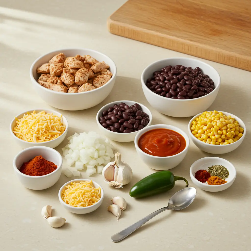 Chicken Enchilada Soup ingredients flat lay
