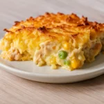 Chicken Hashbrown Casserole hot and bubbly in a rustic baking dish
