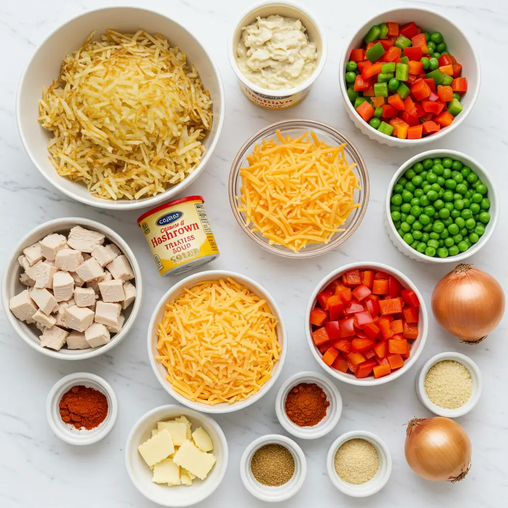 Ingredients for Chicken Hashbrown Casserole laid out on counter