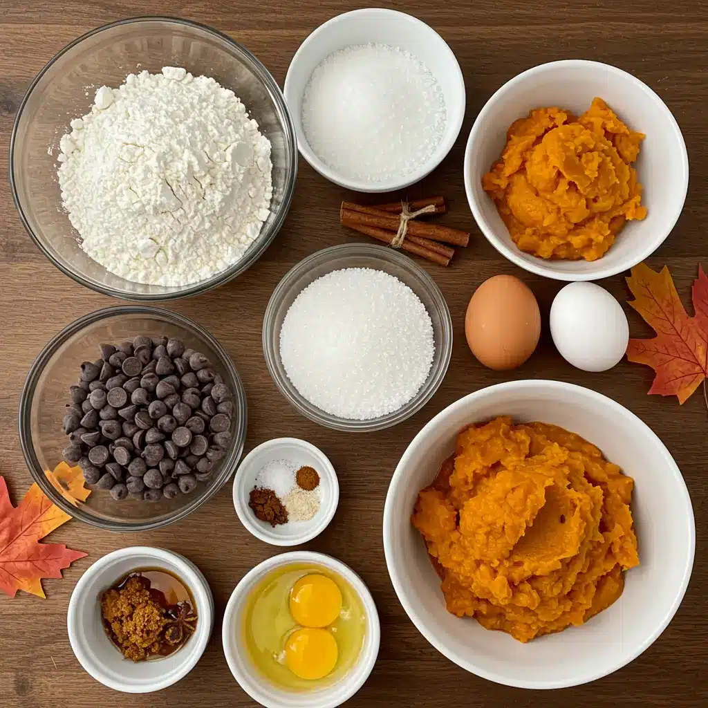 Chocolate Chip Pumpkin Bread ingredients flat lay