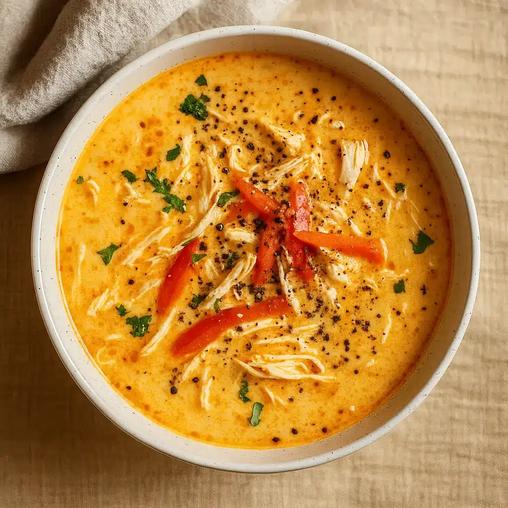 Bowl of Creamy Cajun Chicken Soup with shredded chicken and red peppers