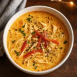 Creamy Cajun Chicken Soup in a bowl with bread on a rustic table