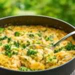 Creamy Chicken Broccoli Rice Cheese Casserole baked golden with cheese