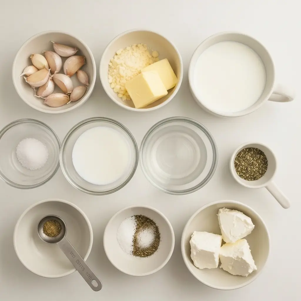 Ingredients for One Pot Creamy Garlic Pasta on kitchen counter