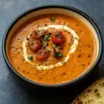 Creamy Roasted Garlic Tomato Soup in rustic bowl