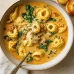 Creamy Tortellini Soup in rustic bowl with bread