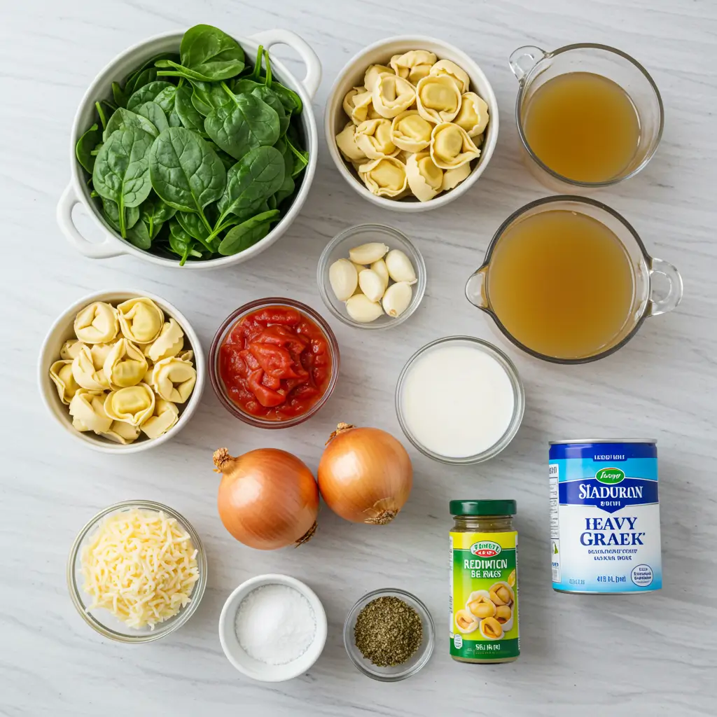 Ingredients for Creamy Tortellini Soup on table