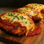 Crispy Baked Chicken Parmesan plated with spaghetti