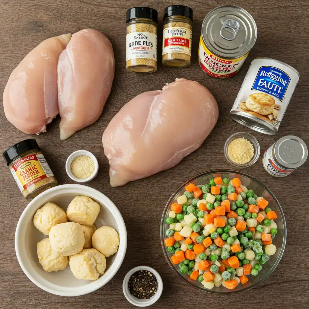 Crock Pot Chicken Pot Pie ingredients laid out on table