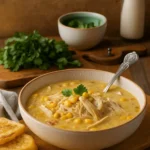 Steaming Crockpot Chicken Corn Soup in a white bowl on rustic table with corn, shredded chicken, and vegetables