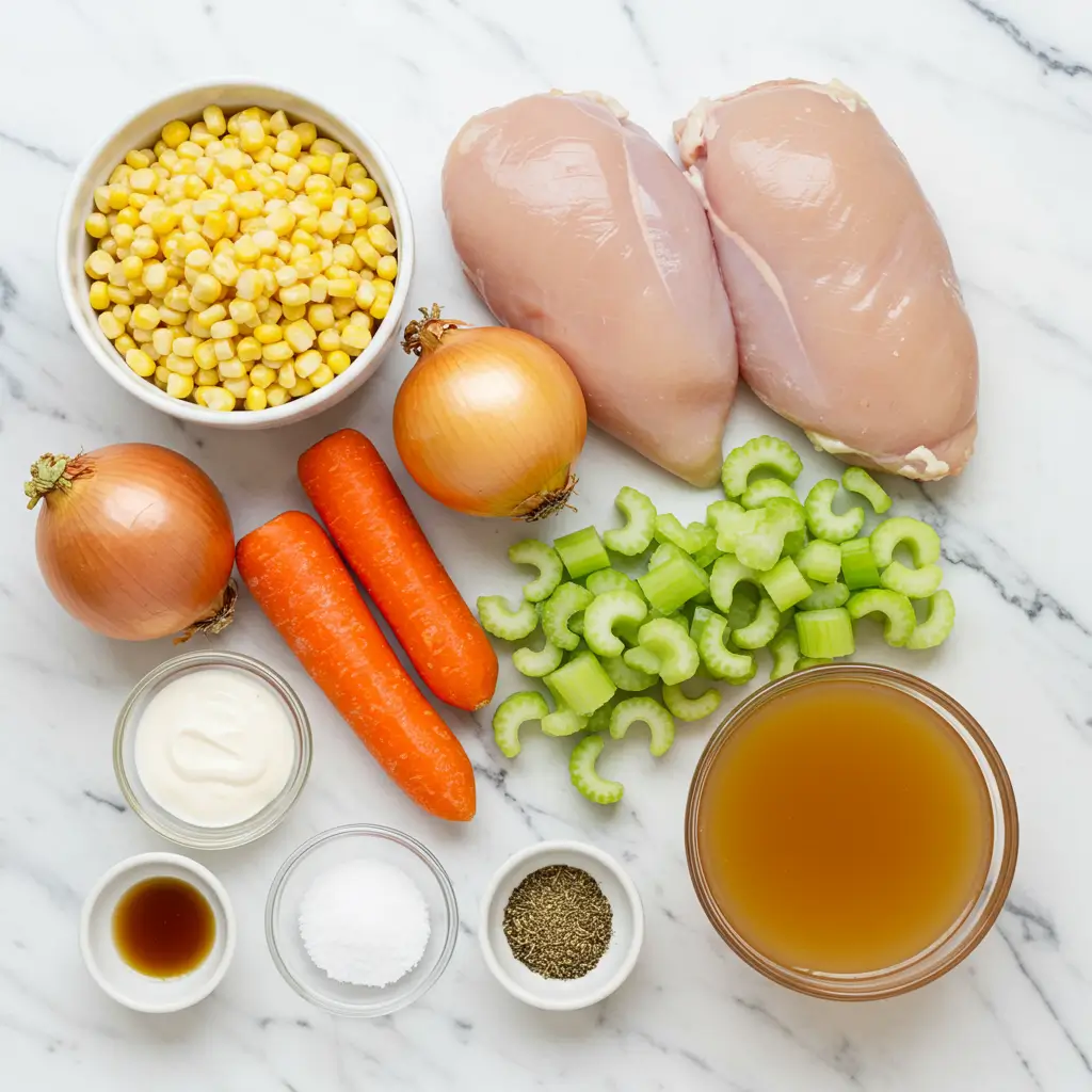 Flat lay of Crockpot Chicken Corn Soup ingredients including chicken, corn, carrots, and broth on marble surface