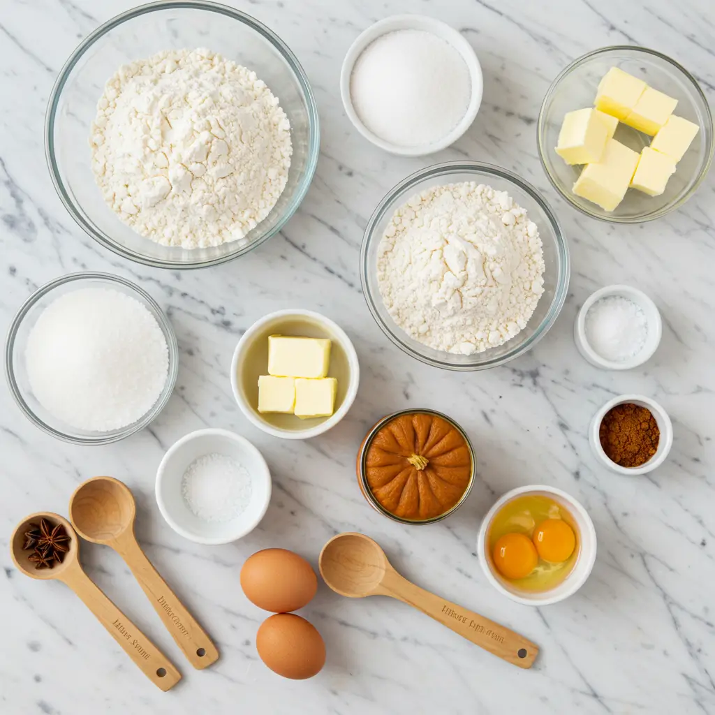 Ingredients for Crumbl Pumpkin Pie Cookies laid out on a countertop
