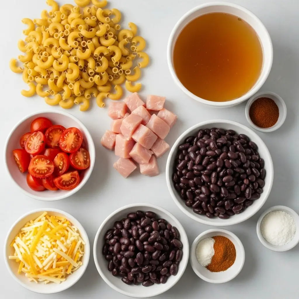 Fall Chili Chicken Mac Skillet ingredients laid out