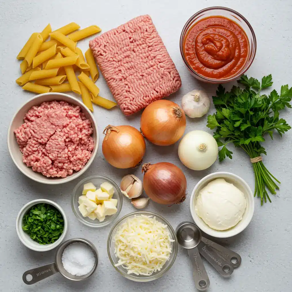 Ground Turkey Baked Rigatoni ingredients laid out on counter