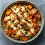 Healthy Chicken & Sweet Potato Rice Bowl with tahini drizzle