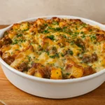 Heartwarming hobo casserole with ground beef & potatoes baked hot