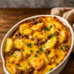 Hobo Casserole Ground Beef Recipe baked with golden cheese